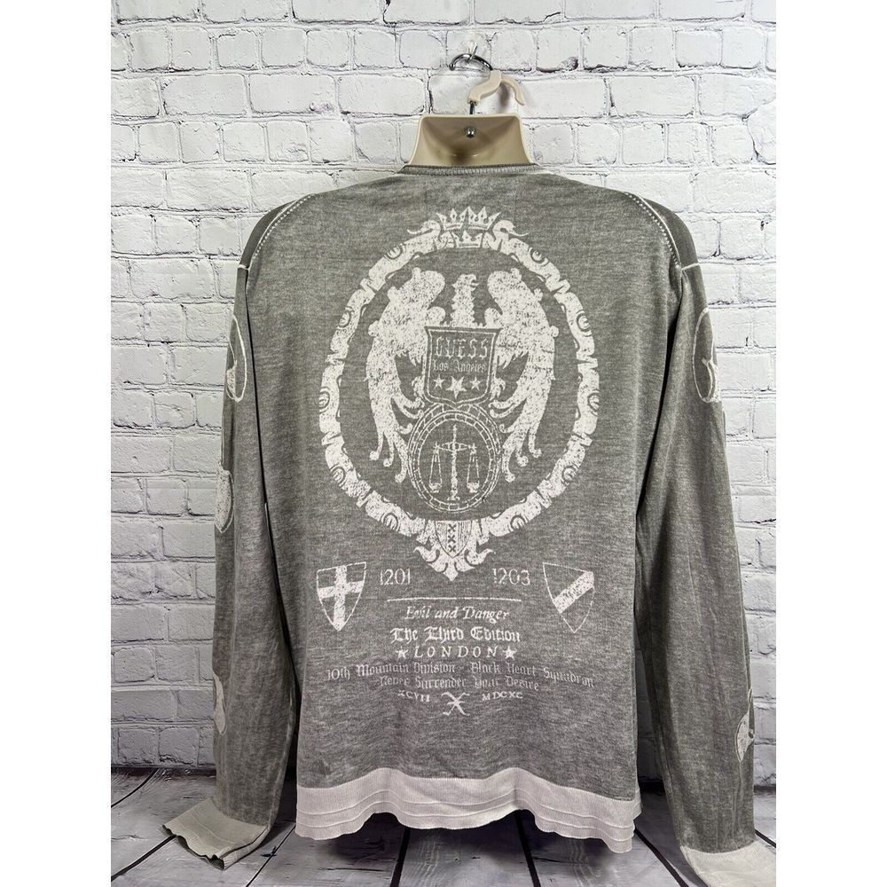 vtg y2k Guess mens thin knit graphic print v neck pullover sweater XL grey - Picture 2 of 6